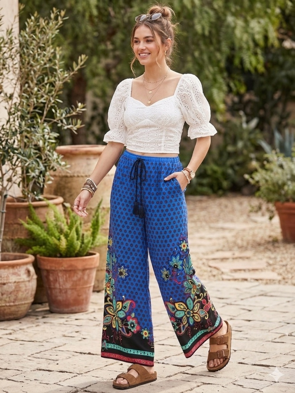 Forever 21 Boho Floral Wide Leg Palazzo Pants Tassel Tie Festival Vibe M